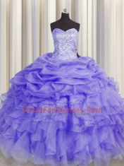 Lavender Ball Gowns Sweetheart Sleeveless Organza Floor Length Lace Up Beading and Ruffles Quinceanera Dress
