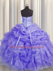 Lavender Ball Gowns Sweetheart Sleeveless Organza Floor Length Lace Up Beading and Ruffles Quinceanera Dress