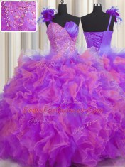 Dramatic One Shoulder Handcrafted Flower Floor Length Ball Gowns Sleeveless Multi-color 15 Quinceanera Dress Lace Up