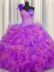 Dramatic One Shoulder Handcrafted Flower Floor Length Ball Gowns Sleeveless Multi-color 15 Quinceanera Dress Lace Up