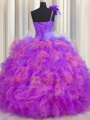 Dramatic One Shoulder Handcrafted Flower Floor Length Ball Gowns Sleeveless Multi-color 15 Quinceanera Dress Lace Up