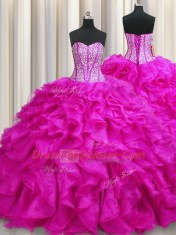 Deluxe Visible Boning Sleeveless Organza Brush Train Lace Up 15th Birthday Dress in Fuchsia with Beading and Ruffles