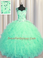 Adorable See Through Zipper Up Turquoise Ball Gowns Straps Sleeveless Tulle Floor Length Zipper Beading and Ruffles Ball Gown Prom Dress