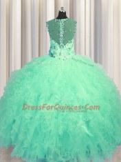 Adorable See Through Zipper Up Turquoise Ball Gowns Straps Sleeveless Tulle Floor Length Zipper Beading and Ruffles Ball Gown Prom Dress