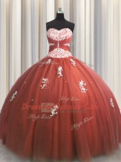 Fashion Rust Red Tulle Lace Up 15th Birthday Dress Sleeveless Floor Length Beading and Appliques