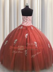 Fashion Rust Red Tulle Lace Up 15th Birthday Dress Sleeveless Floor Length Beading and Appliques