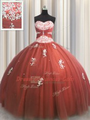 Fashion Rust Red Tulle Lace Up 15th Birthday Dress Sleeveless Floor Length Beading and Appliques
