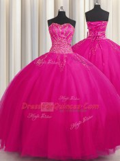 Lovely Big Puffy Fuchsia Sweetheart Neckline Beading Vestidos de Quinceanera Sleeveless Lace Up