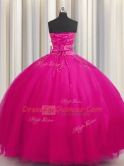 Lovely Big Puffy Fuchsia Sweetheart Neckline Beading Vestidos de Quinceanera Sleeveless Lace Up