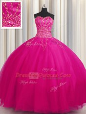 Lovely Big Puffy Fuchsia Sweetheart Neckline Beading Vestidos de Quinceanera Sleeveless Lace Up