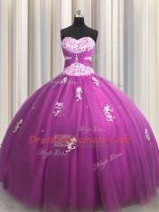 Designer Fuchsia Tulle Lace Up Sweetheart Sleeveless Floor Length Ball Gown Prom Dress Beading and Appliques