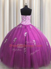 Designer Fuchsia Tulle Lace Up Sweetheart Sleeveless Floor Length Ball Gown Prom Dress Beading and Appliques