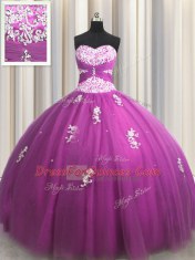 Designer Fuchsia Tulle Lace Up Sweetheart Sleeveless Floor Length Ball Gown Prom Dress Beading and Appliques