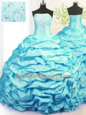 Aqua Blue Sleeveless Sweep Train Beading and Pick Ups With Train Vestidos de Quinceanera