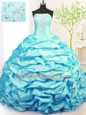 Aqua Blue Sleeveless Sweep Train Beading and Pick Ups With Train Vestidos de Quinceanera