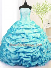 Aqua Blue Sleeveless Sweep Train Beading and Pick Ups With Train Vestidos de Quinceanera