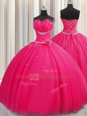 Handcrafted Flower Hot Pink Tulle Lace Up Quinceanera Dresses Sleeveless Floor Length Beading and Sequins and Hand Made Flower