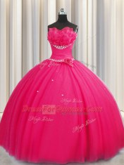 Handcrafted Flower Hot Pink Tulle Lace Up Quinceanera Dresses Sleeveless Floor Length Beading and Sequins and Hand Made Flower