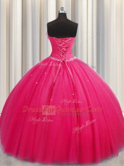 Handcrafted Flower Hot Pink Tulle Lace Up Quinceanera Dresses Sleeveless Floor Length Beading and Sequins and Hand Made Flower