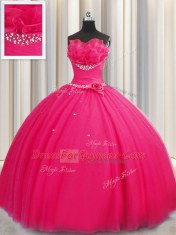 Handcrafted Flower Hot Pink Tulle Lace Up Quinceanera Dresses Sleeveless Floor Length Beading and Sequins and Hand Made Flower