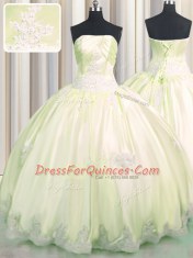 Fashion Ball Gowns Quinceanera Dresses Light Yellow Strapless Taffeta Sleeveless Floor Length Lace Up