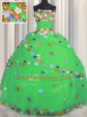 Green Lace Up Strapless Hand Made Flower Sweet 16 Quinceanera Dress Tulle Sleeveless