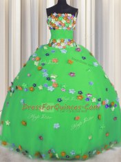 Green Lace Up Strapless Hand Made Flower Sweet 16 Quinceanera Dress Tulle Sleeveless