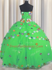Green Lace Up Strapless Hand Made Flower Sweet 16 Quinceanera Dress Tulle Sleeveless