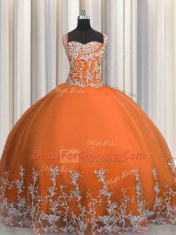 Orange Red Ball Gowns Straps Sleeveless Tulle Floor Length Lace Up Beading and Appliques Ball Gown Prom Dress