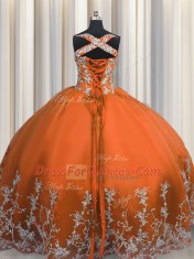 Orange Red Ball Gowns Straps Sleeveless Tulle Floor Length Lace Up Beading and Appliques Ball Gown Prom Dress