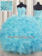 Aqua Blue Sleeveless Beading and Ruffles Floor Length Sweet 16 Quinceanera Dress