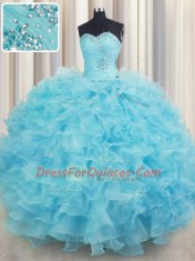 Aqua Blue Sleeveless Beading and Ruffles Floor Length Sweet 16 Quinceanera Dress