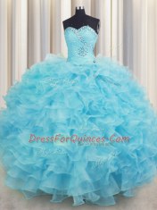 Aqua Blue Sleeveless Beading and Ruffles Floor Length Sweet 16 Quinceanera Dress