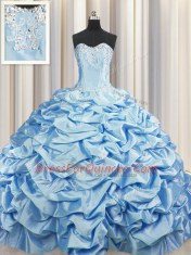 Pretty Brush Train Baby Blue Sweetheart Neckline Beading and Pick Ups 15 Quinceanera Dress Sleeveless Lace Up