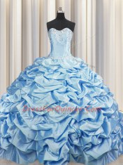 Pretty Brush Train Baby Blue Sweetheart Neckline Beading and Pick Ups 15 Quinceanera Dress Sleeveless Lace Up