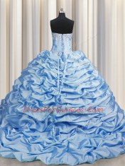 Pretty Brush Train Baby Blue Sweetheart Neckline Beading and Pick Ups 15 Quinceanera Dress Sleeveless Lace Up