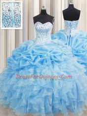 Captivating Visible Boning Floor Length Lace Up Quinceanera Gowns Baby Blue for Military Ball and Sweet 16 and Quinceanera with Beading and Ruffles and Pick Ups
