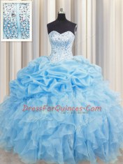 Captivating Visible Boning Floor Length Lace Up Quinceanera Gowns Baby Blue for Military Ball and Sweet 16 and Quinceanera with Beading and Ruffles and Pick Ups