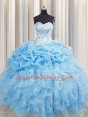 Captivating Visible Boning Floor Length Lace Up Quinceanera Gowns Baby Blue for Military Ball and Sweet 16 and Quinceanera with Beading and Ruffles and Pick Ups