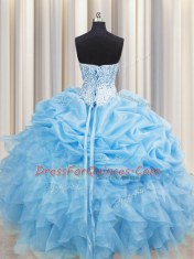 Captivating Visible Boning Floor Length Lace Up Quinceanera Gowns Baby Blue for Military Ball and Sweet 16 and Quinceanera with Beading and Ruffles and Pick Ups