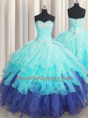 Dazzling Multi-color Ball Gowns Beading and Ruffles and Ruffled Layers and Sequins Sweet 16 Dress Lace Up Organza Sleeveless Floor Length