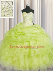 Sexy Beading and Ruffles 15 Quinceanera Dress Yellow Green Lace Up Sleeveless Floor Length