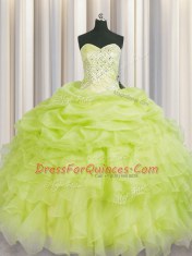 Sexy Beading and Ruffles 15 Quinceanera Dress Yellow Green Lace Up Sleeveless Floor Length
