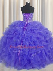 Graceful Visible Boning Sweetheart Sleeveless Lace Up Quinceanera Gown Purple Organza