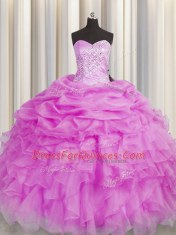 Lilac Sleeveless Organza Lace Up 15th Birthday Dress for Military Ball and Sweet 16 and Quinceanera