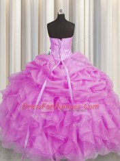Lilac Sleeveless Organza Lace Up 15th Birthday Dress for Military Ball and Sweet 16 and Quinceanera