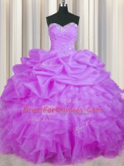 Sumptuous Purple Lace Up Sweet 16 Dresses Beading and Ruffles and Pick Ups Sleeveless Floor Length