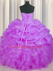 Sumptuous Purple Lace Up Sweet 16 Dresses Beading and Ruffles and Pick Ups Sleeveless Floor Length