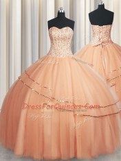 Deluxe Visible Boning Really Puffy Sleeveless Lace Up Floor Length Beading and Ruching Quinceanera Dress