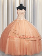 Deluxe Visible Boning Really Puffy Sleeveless Lace Up Floor Length Beading and Ruching Quinceanera Dress